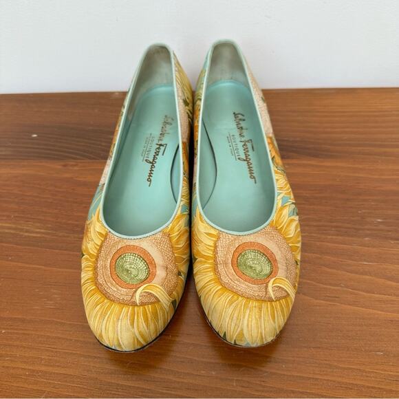 Salvatore Ferragamo Sunflower Silk Fabric Yellow Blue Flats 8.5 - Picture 2 of 12